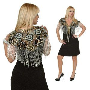 Beaded Cape Shawl w/ Fringe Gold Silver Black 1920's Flapper Western Fashion